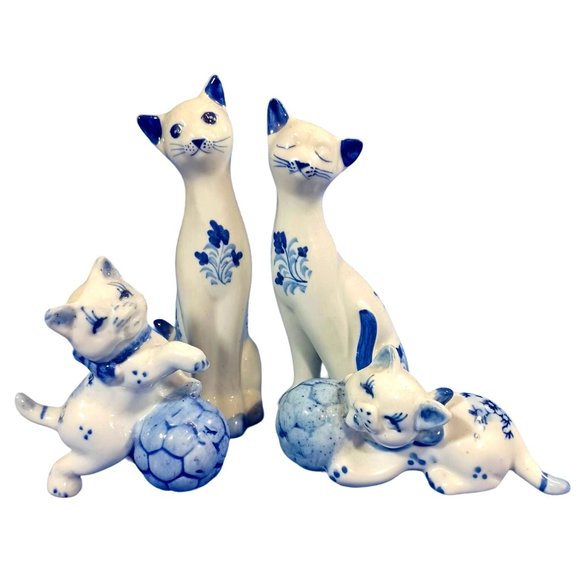 Handmade Other - Vintage Mid Century Porcelain Siamese Cats Family Blue Floral  Figurines Japan